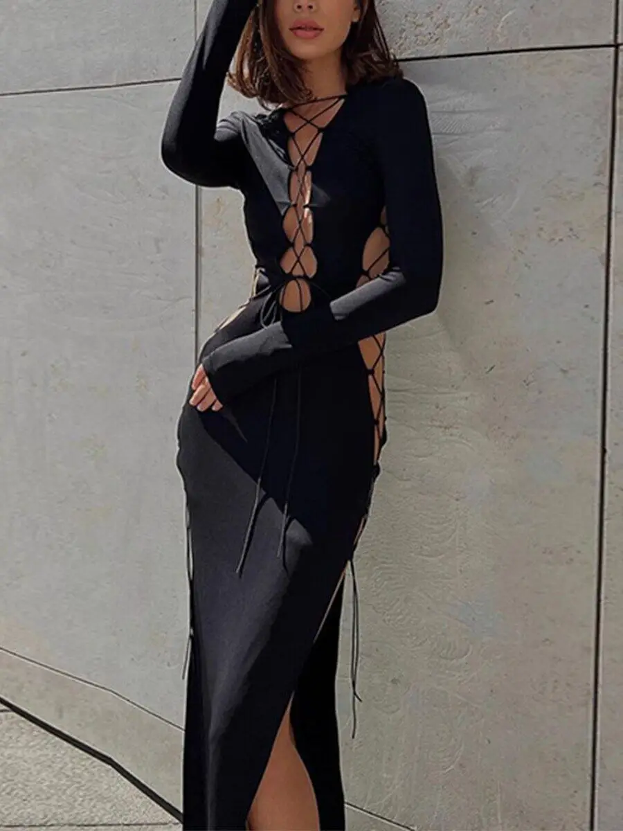 Mirlande New Women Fashion Solid Color Round Neck Long Sleeve Dress Cross Tie-Up Cutout High Split Party Maxi Dress Streetwear