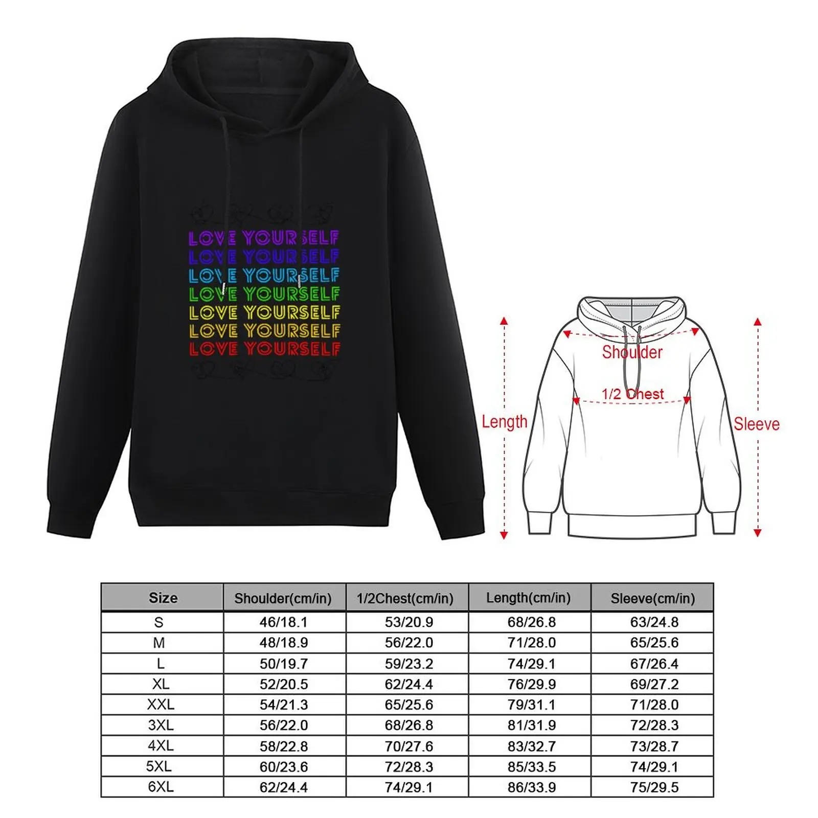 Love yourself rainbow hearts Pullover Hoodie men's sweat-shirt hoodie oversize