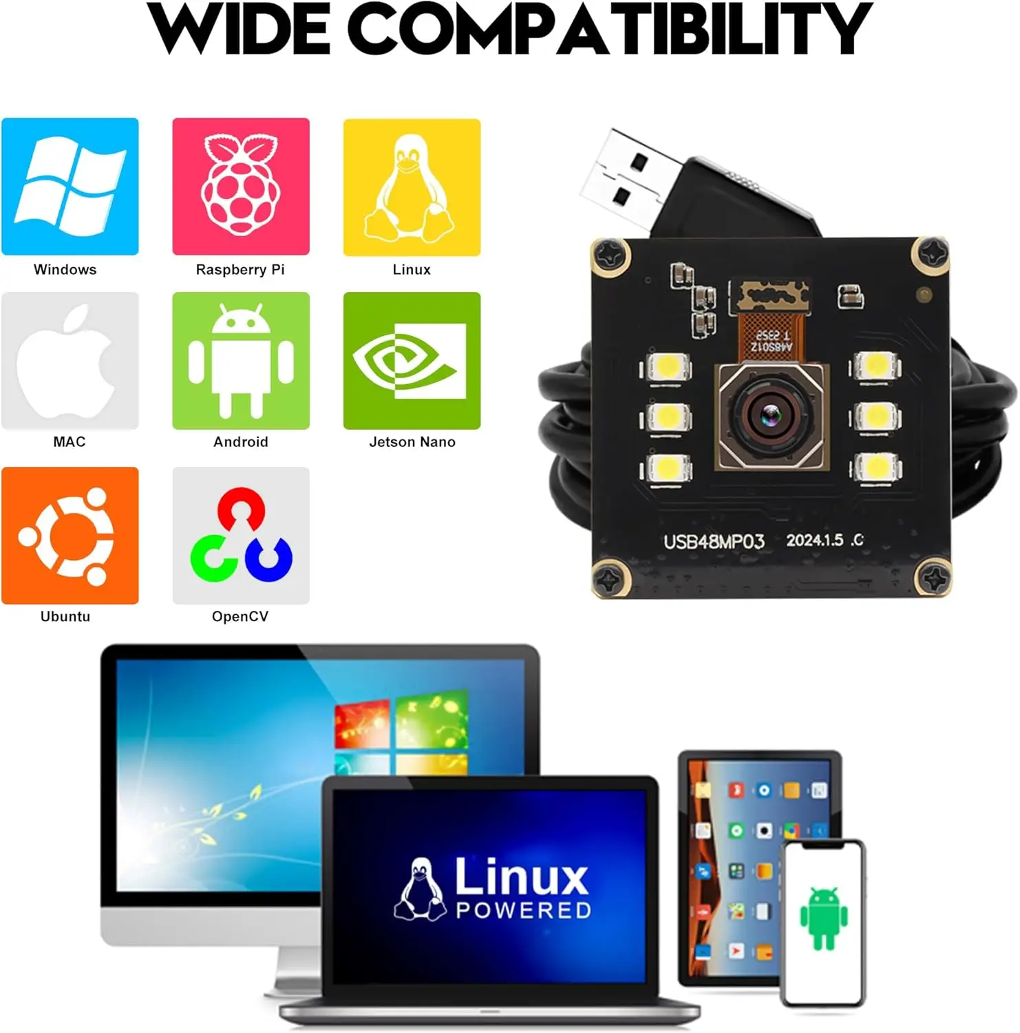 SVPRO 48MP Módulo de câmera USB 8K Fast Autofocus USB Webcam sem lente de distorção 6pcs LEDs brancos câmera para máquina industrial