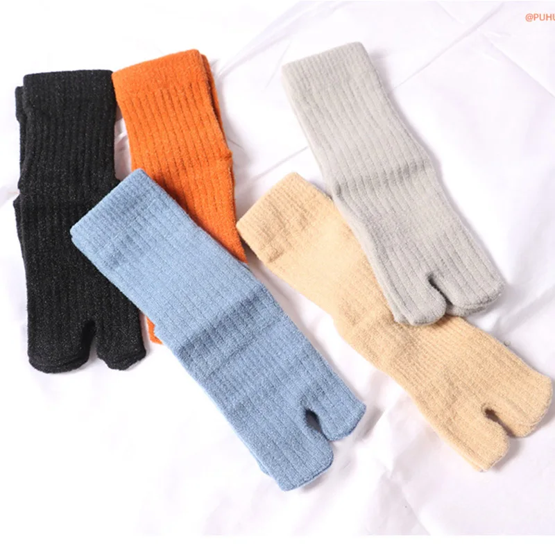 Thick Tabi Socks for Women Lady Girls Solid Cotton Warm Split Toe Flip-Flops Socks Japanese Kimono Samurai Geta Clogs Socks Free