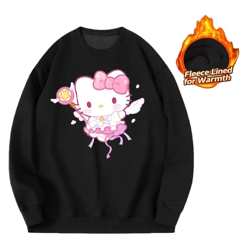 تي شيرت بأكمام طويلة ورقبة دائرية مطبوعة من سلسلة سانريو، تي شيرت لطيف ودافئ مبطن بالصوف برقبة دائرية وأكمام طويلة، قطن 100%