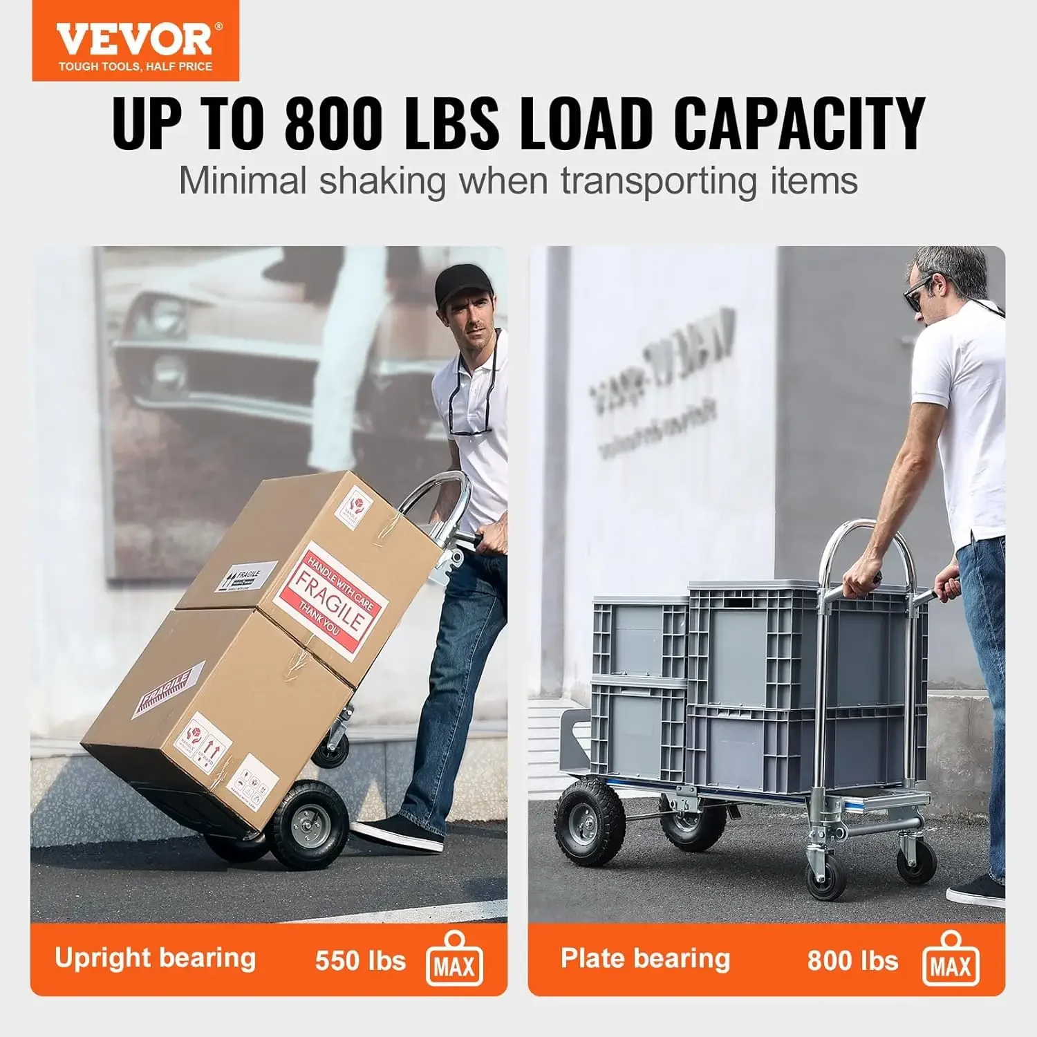 Aluminum Truck, 2 in 1, 800 lbs Load Capacity, Heavy Duty Industrial Convertible Folding Hand Truck and Dolly, Utility Cart Conv