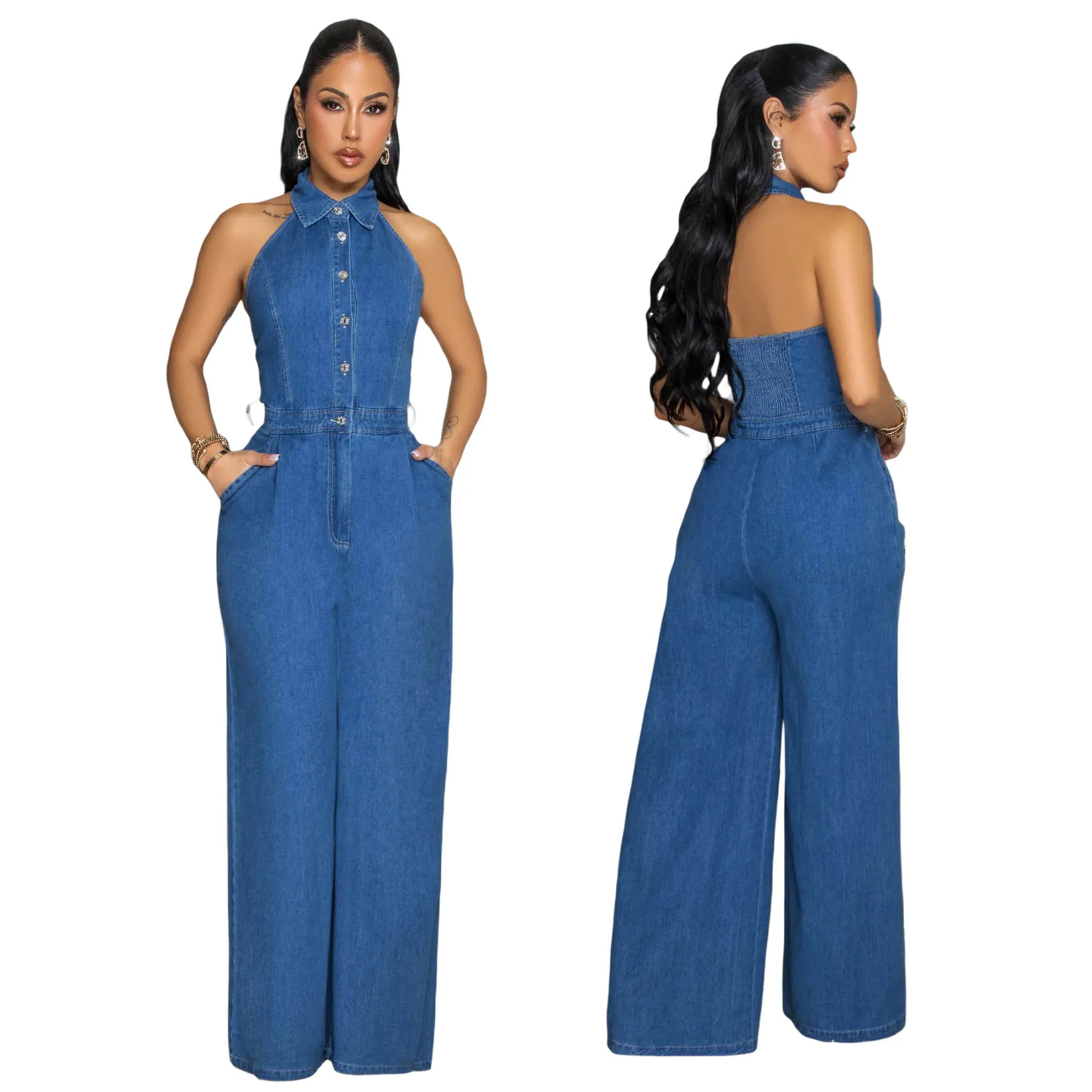 

Women's 2025 Denim Fashion High-Stretch Backless Jumpsuit Sleeveless Sexy Lapel Wide-Leg Pants for Casual Wear