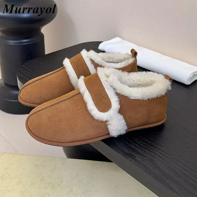 Ankle Botas Women's Cow Suede Mixed Colors Retro Snow Boots  Autumn Winter Plush Lining Keep Warm Flat Bottom Short Boots