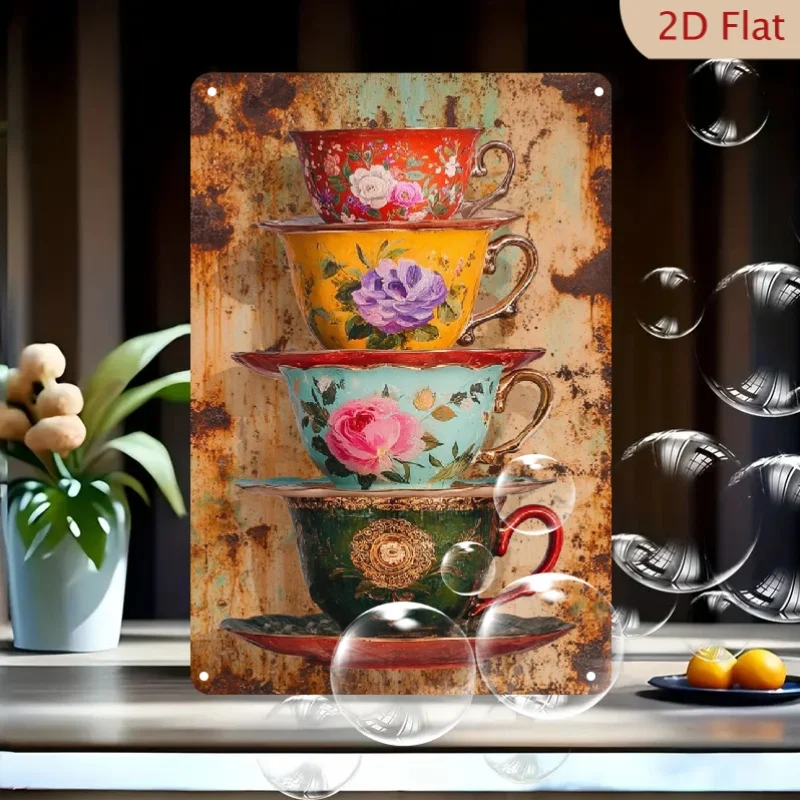Vintage Blumen-Teetassen-Metallschild 8x12 Zoll Rustikale Küchenwanddekoration Eisenplakette Wohnzimmer Café