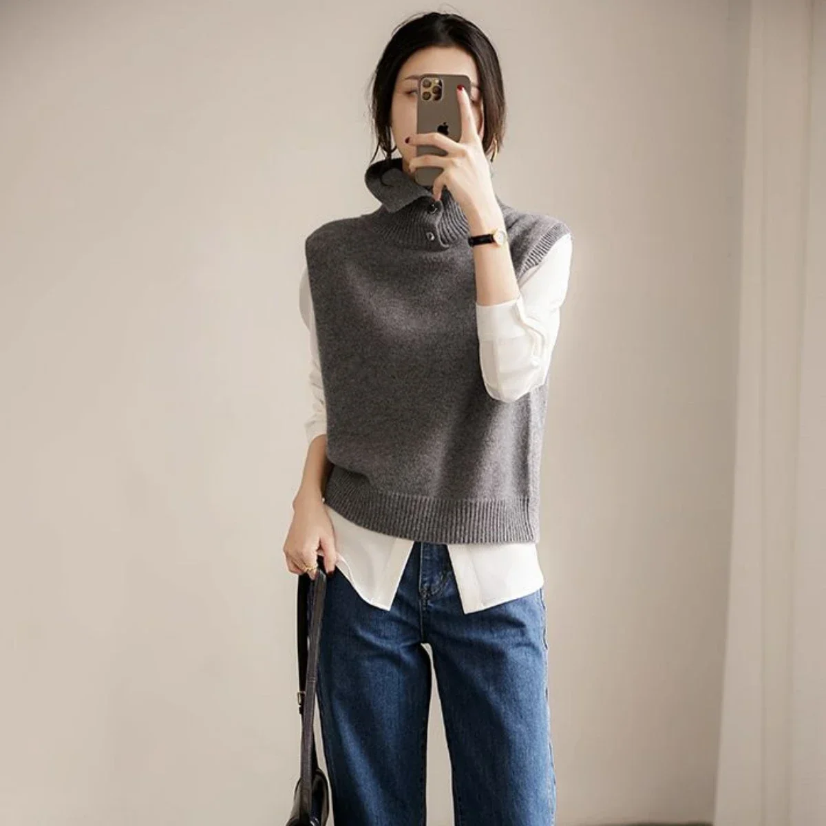 Winter Button Ladies Sweaters Grey Knitted Top for Women Gigh Neck Jerseys Vest Turtleneck Autumn 2024 Cold Jumper Korean Luxury