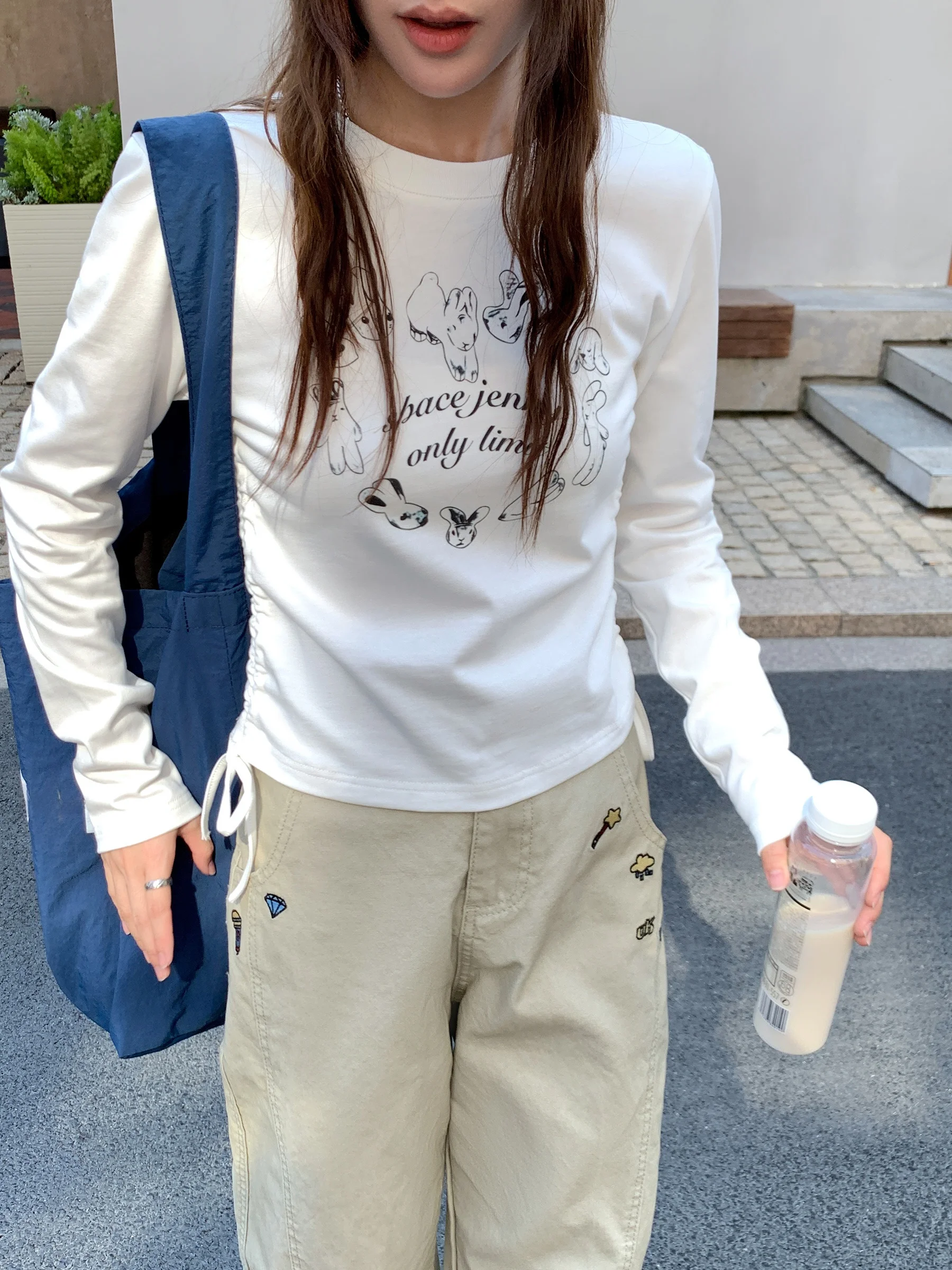 

SpaceJenny, оригинальная женская футболка с мультяшным принтом Long Sve из чистого хлопка, облегающая женская футболка с боковой талией, утягивающий топ или размер