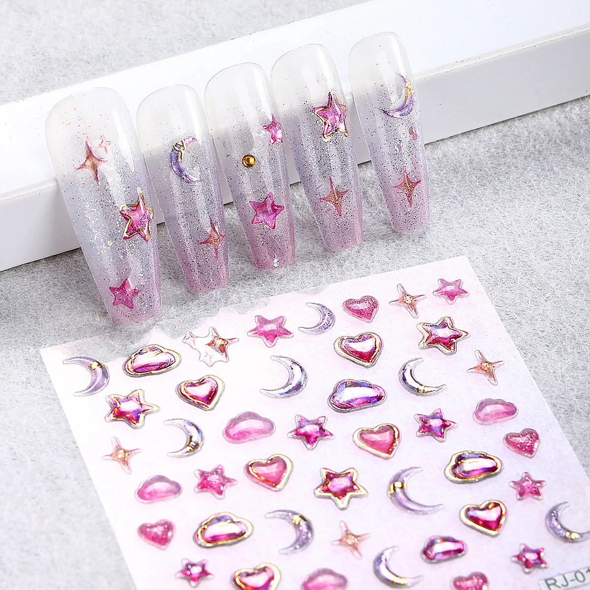 2pcs 5D Colorful Laser Jelly Nail Art Stickers Pink Purple Moon Star Heart Cloud Nail Decoration Decals for Manicure Sliders