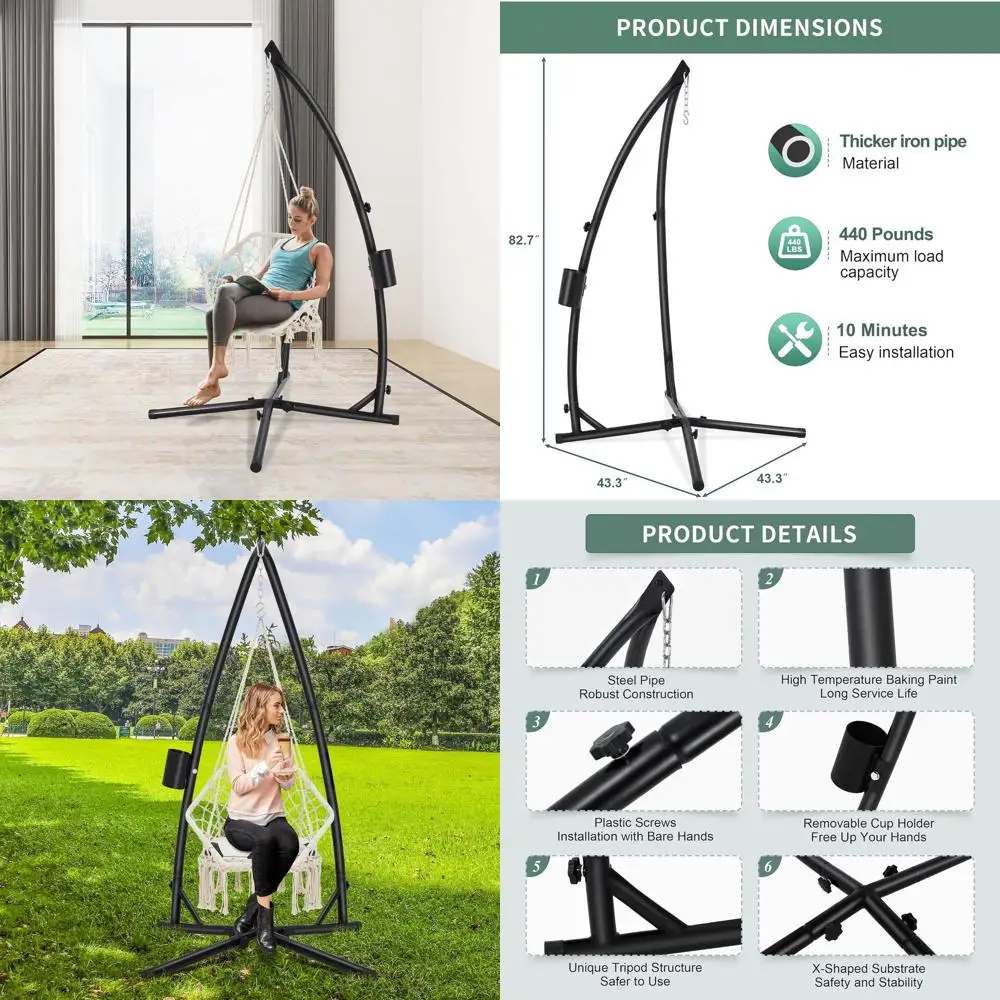 

Подставка для гамака C-типа из твердой стали для использования в помещении и на открытом воздухе, сверхмощный держатель стула-качалки, вместимость 440 фунтов, черный AD333