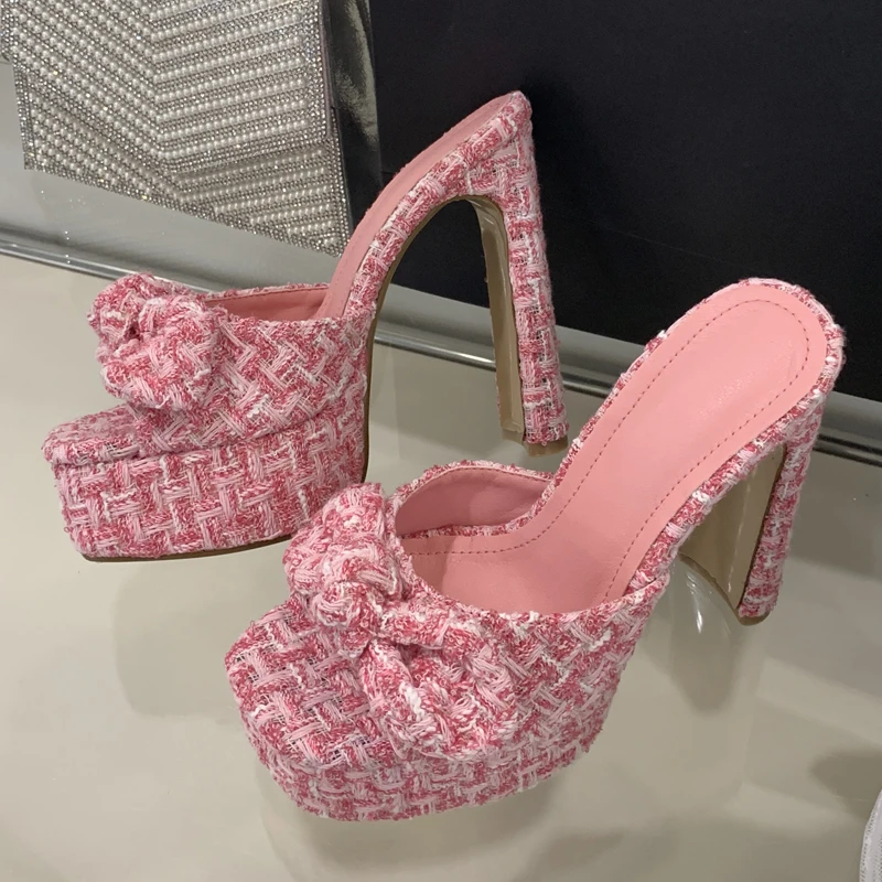 

Eilyken Street Style Open Toe Butterfly-knot Women Slippers Fashion Platform Square High Heels Banquet Dress Slide Summer Shoes