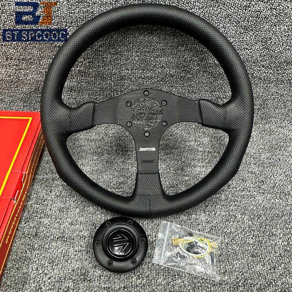 Blau-Gelb Genähtes Italien-Stil V1 Lenkrad Echtes Leder 14 Zoll 350mm Flach Italienische Rückseitengravur Racing Street Sport – Detail 8