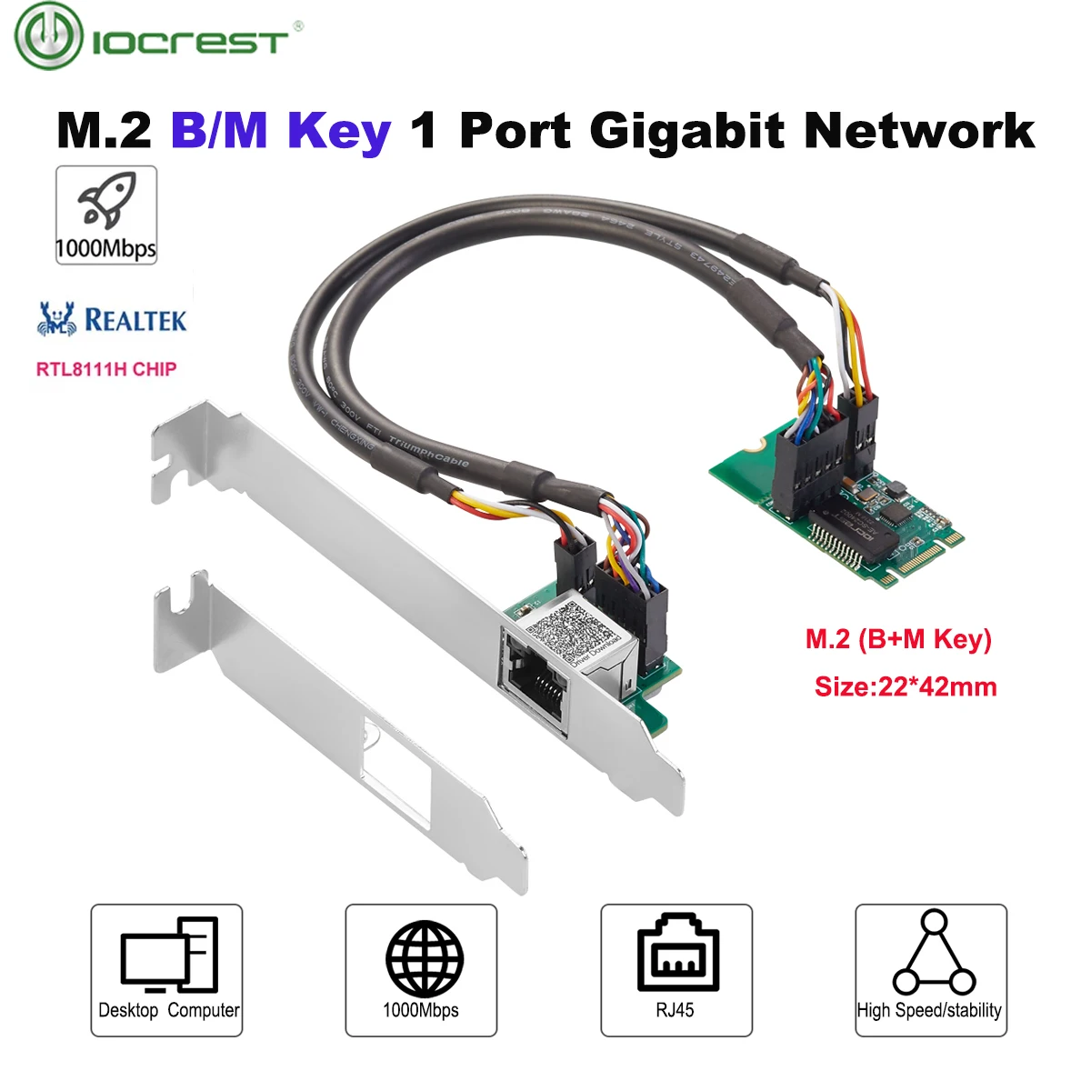 IOCREST M.2 B+M key 1G Ethernet Adapter 1G/1000M Multi-Gigabit M.2 Network Card 2242mm Size Realtek 8111H Chipset NIC COM