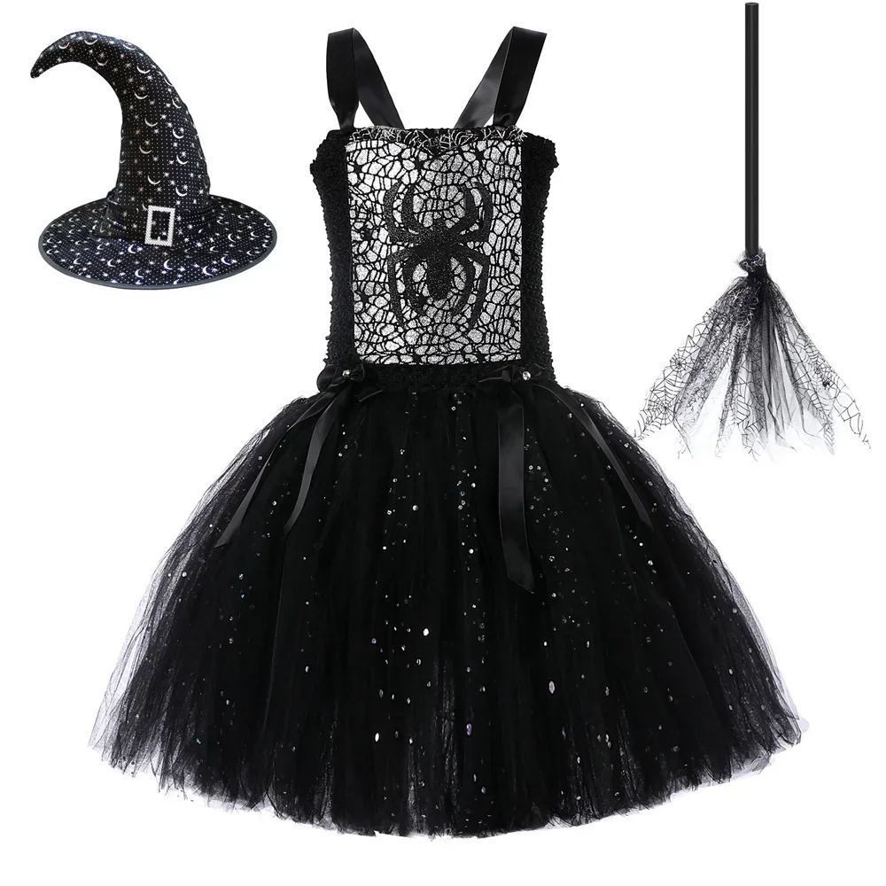 

New Halloween Black Witch Costume for Kids Girl Spider Wizard Tutu Horrible Dress Gothic Clothing Fancy Carnival Party Dress