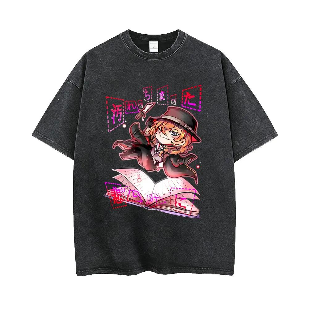 Washed Vintage Anime Bungo Stray Dogs Print T-shirt Manga Nakahara Chuuya Graphic T Shirt Men Women Casual Retro Cotton T-shirts