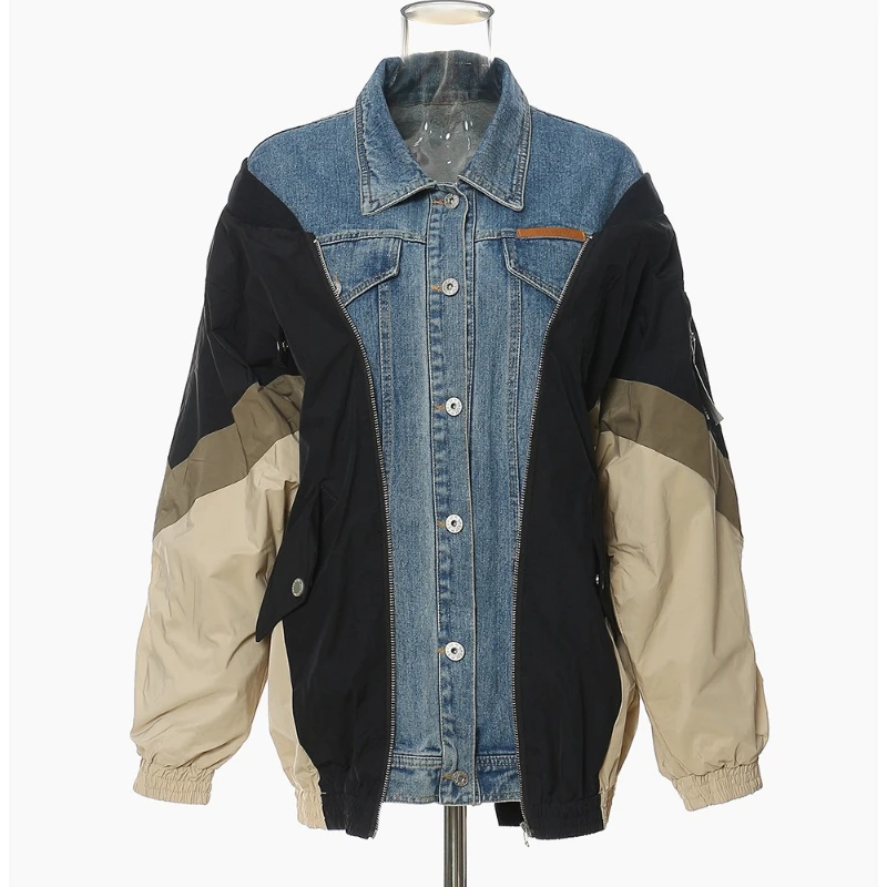 

Men's and Women's Spring Autumn Jacket Tops Baseball Clothing Cowboy Splicing Color Crash Ambient Long Sleeve Niche Vintage