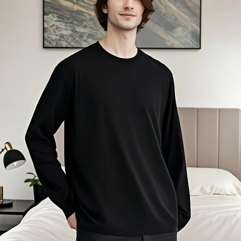 تي شيرت رجالي قطني بأكمام طويلة ورقبة دائرية كاجوال للمنزل قميص ناعم للربيع والخريف بلوفر رياضي أساسي فضفاض #2