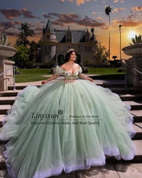 Glitter Green New 2024 Quinceanera Dresses Puffy Ball Gown Beaded Lace Appliques Crystals Sweet 16 Dress Vestidos De 15 Años