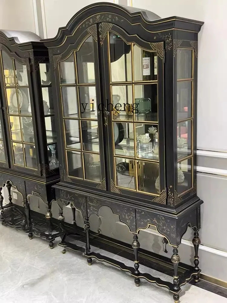 v1 American New Classical Solid Wood Storage Glass Display Cabinet European Retro Pastoral Style Storage