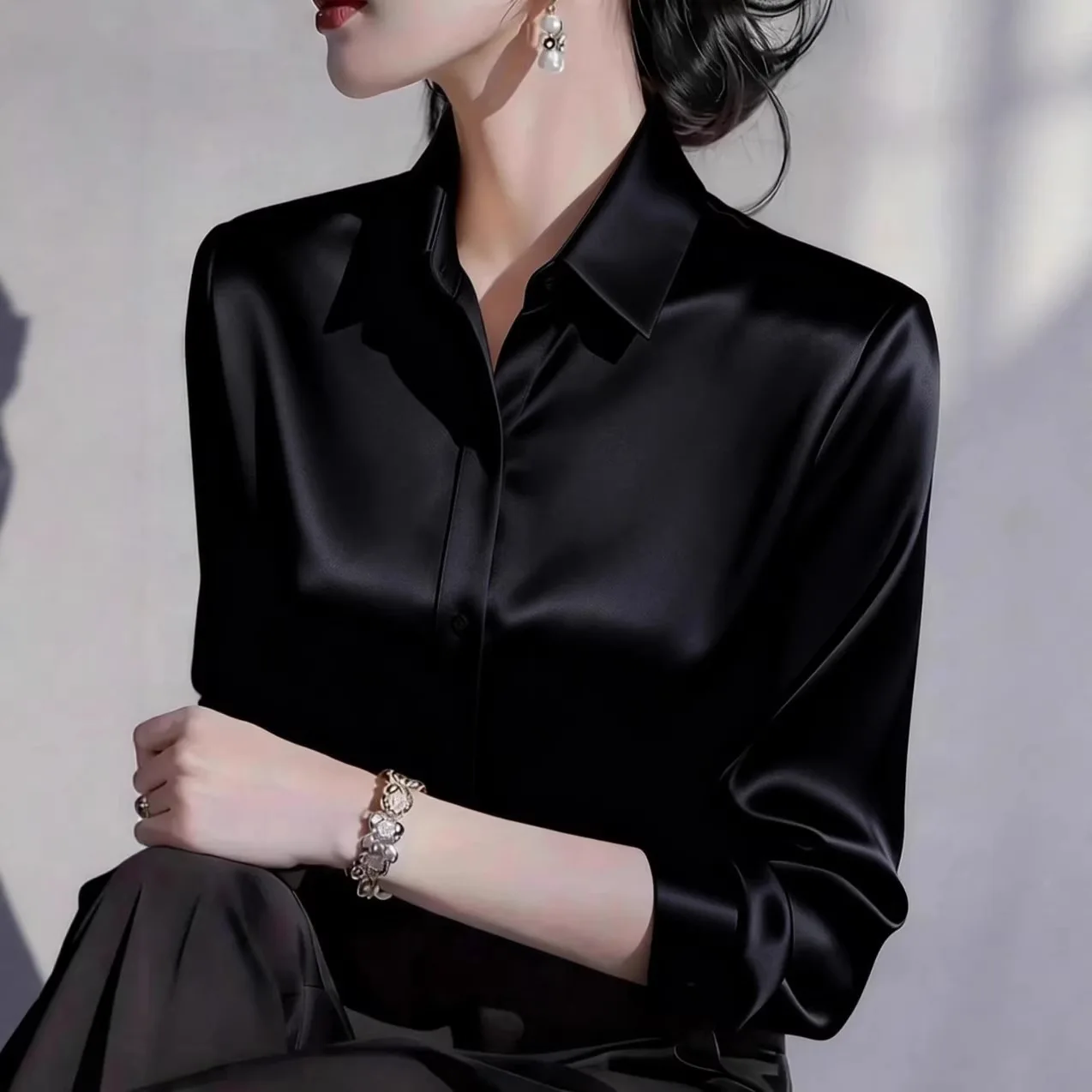 Women Classic Turn Down Collar Long Sleeve Blouse Button Front Cuff Detail Elegant Office Tops