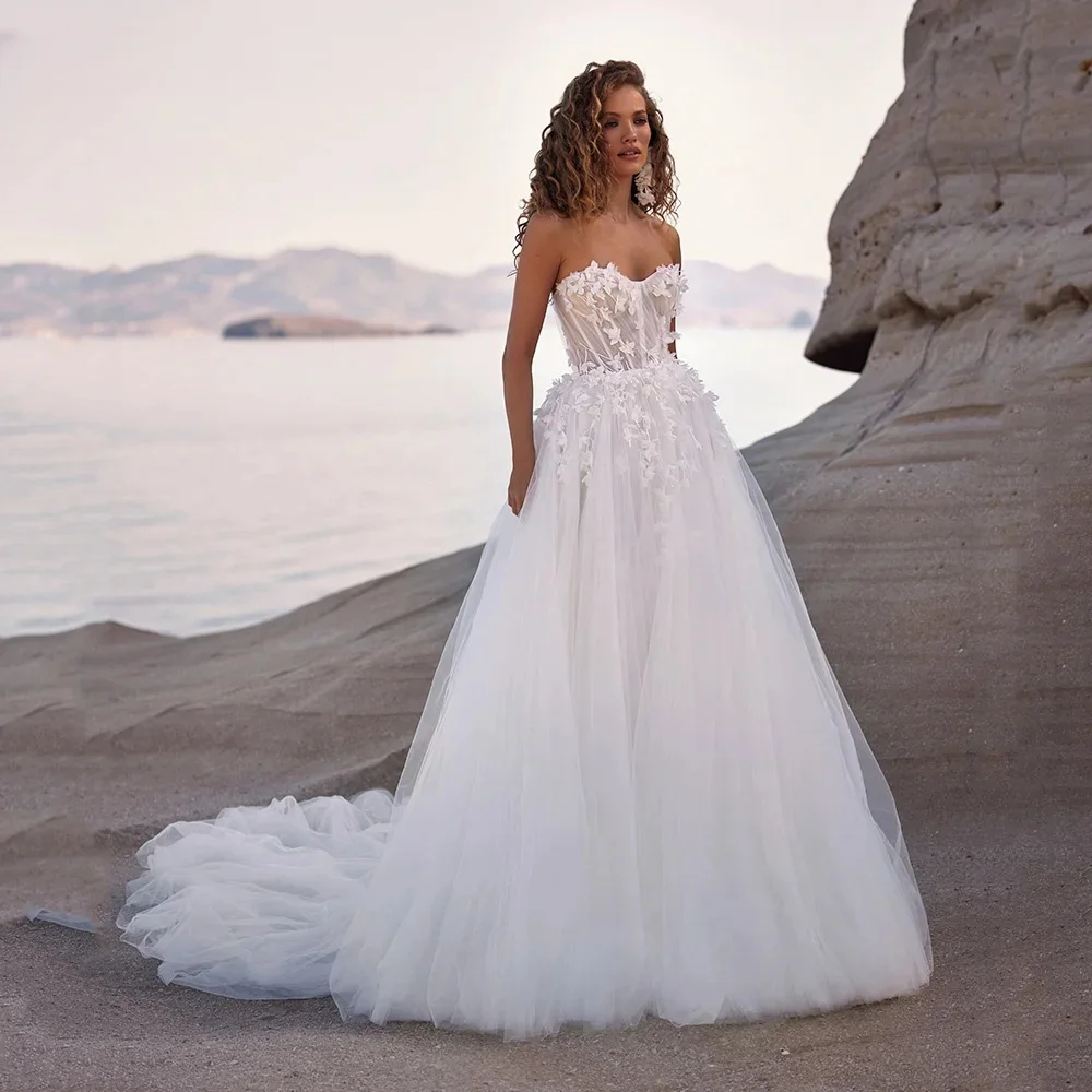 シンプルなサテンカスタマイズに合わせてボヘミアン取り外し可能なオフショルダーロングパフスリーブチュールウェディングドレス恋人アップリケAリン