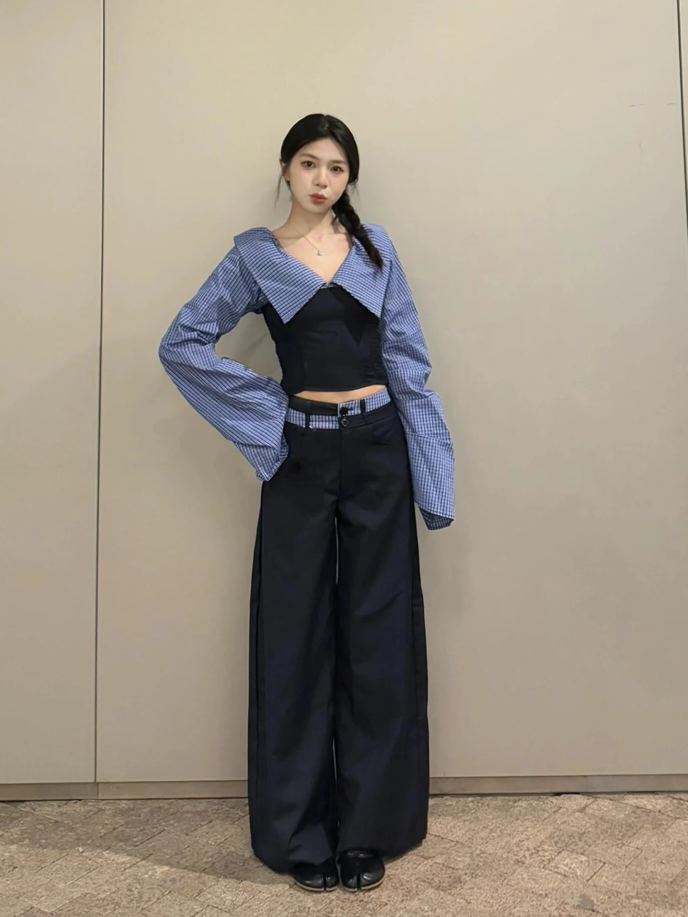 

Sweet Cool Spicy Girl Set Women's Spring Design Plaid Patchwork Color Block Long Sleeve Shirt Wide Leg Pants Two Piece Set