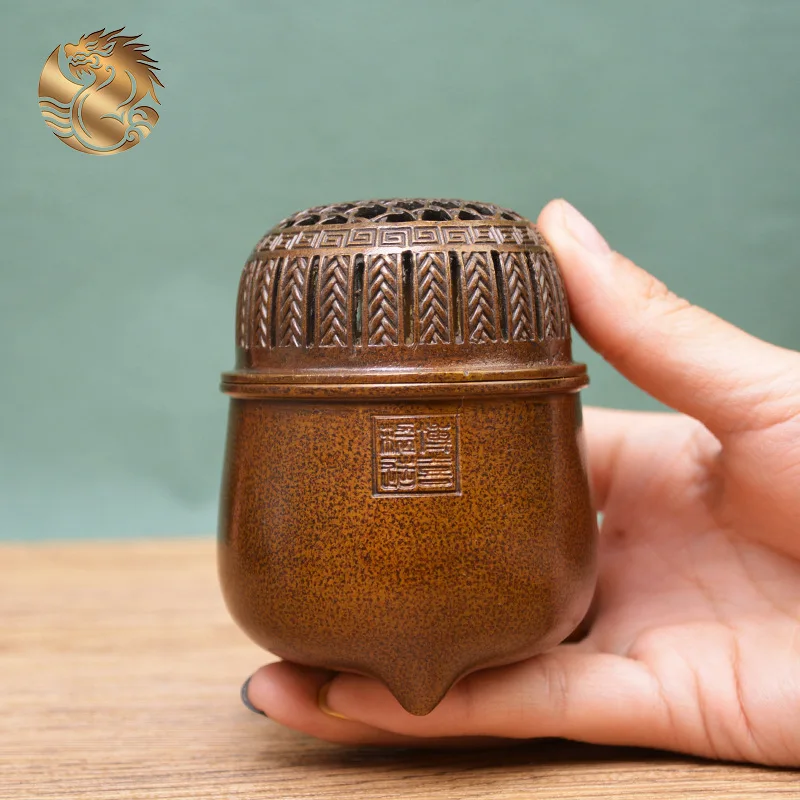 All-brass bamboo-woven grid , Su-style retro patina, incense burner, decorative copper piece