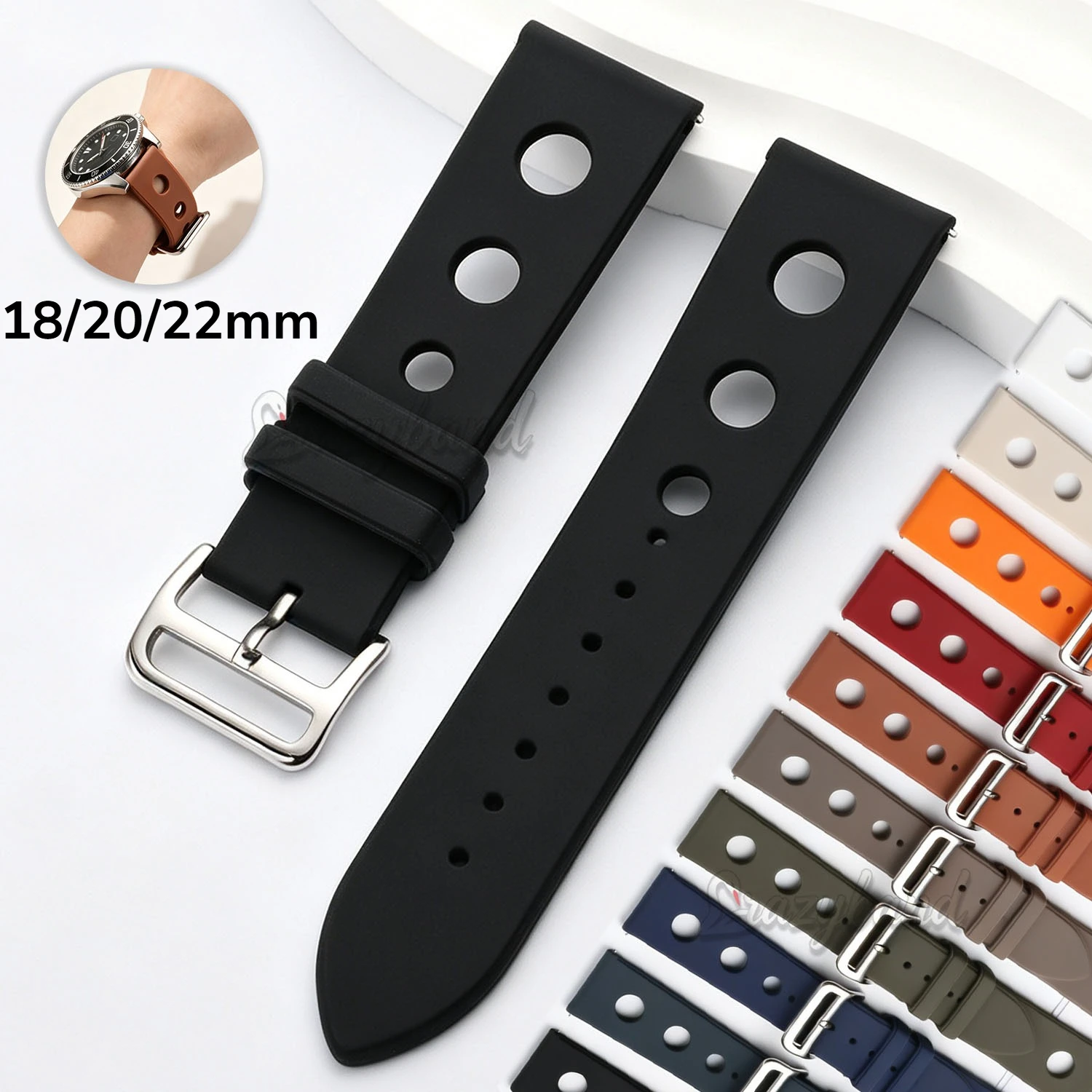 Vintage Thick Silicone 18mm 20mm 22mm Perforated Watch Strap Black Universal Breathable Retro Sport Band Diving Racing Bracelet