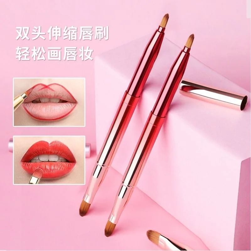 Professioneller doppelköpfiger Lippenpinsel, Lippenpinsel, spezieller teleskopischer und tragbarer Lipliner-Lippenpinsel für Make-up-Künstler mit Deckel