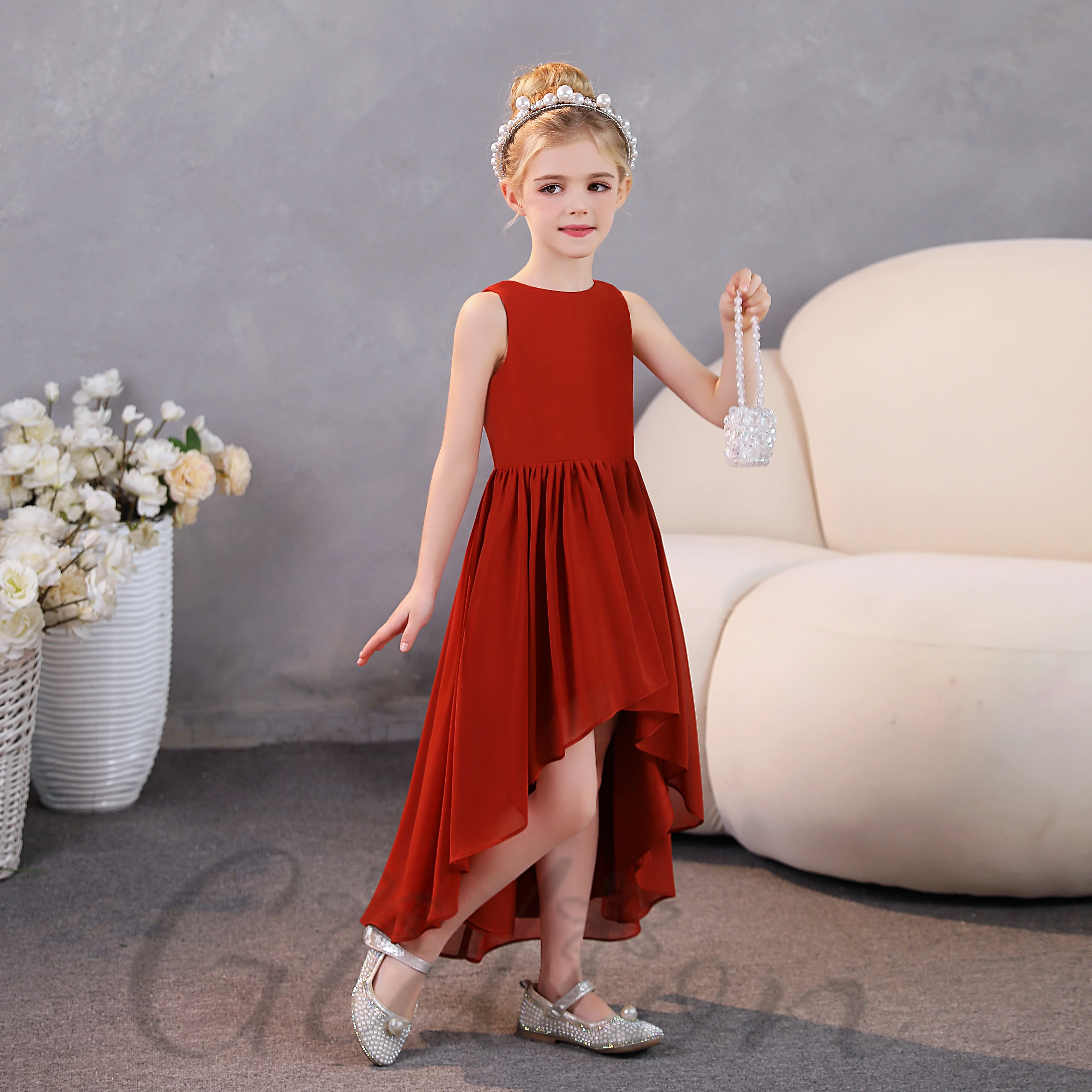 High-Low Chiffon Junior Bruidsmeisje Jurk Voor Kinderen Bruiloft Verjaardagsfeest Banket Feestvreugde Optocht Bal Evenement