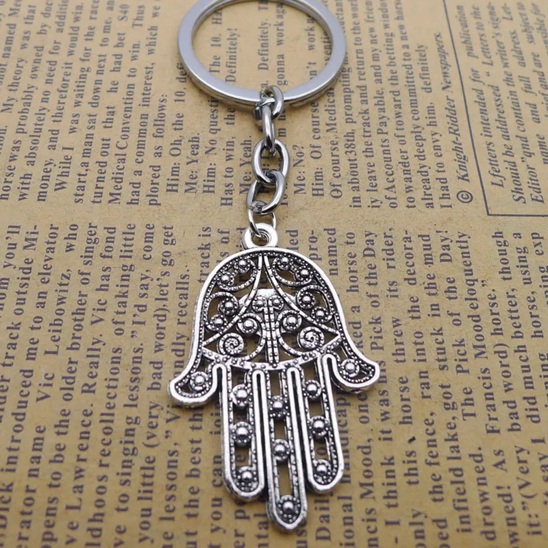 Fashion Hamsa Palm Fatima Hand 28x19mm Pendant 30mm Key Ring Chain Silver Color Men Car Gift Souvenirs Keychain Dropshipping