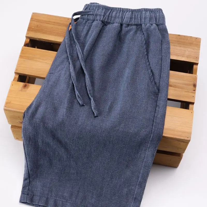 

Summer Blue Cotton Lin Men's orts Loose Elastic Waist Straight Leg Casual Five-Quarter Length Beachwear