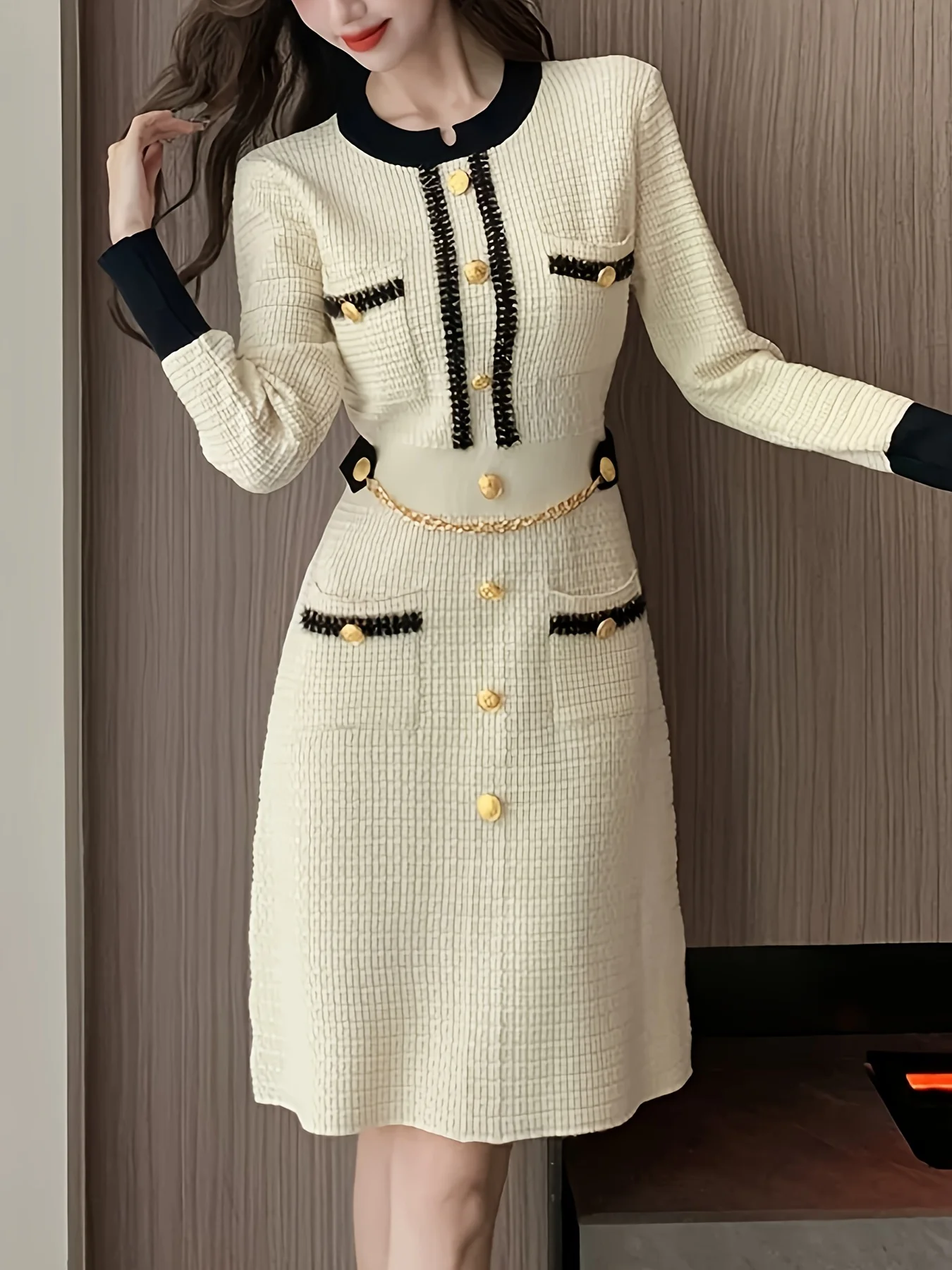 

Chic Long Sleeve A-Line Tweed Knit Dress - Elegant Button Detail, Contrast Trim, Crew Neck, Pockets, Perfect for Fall & Winter