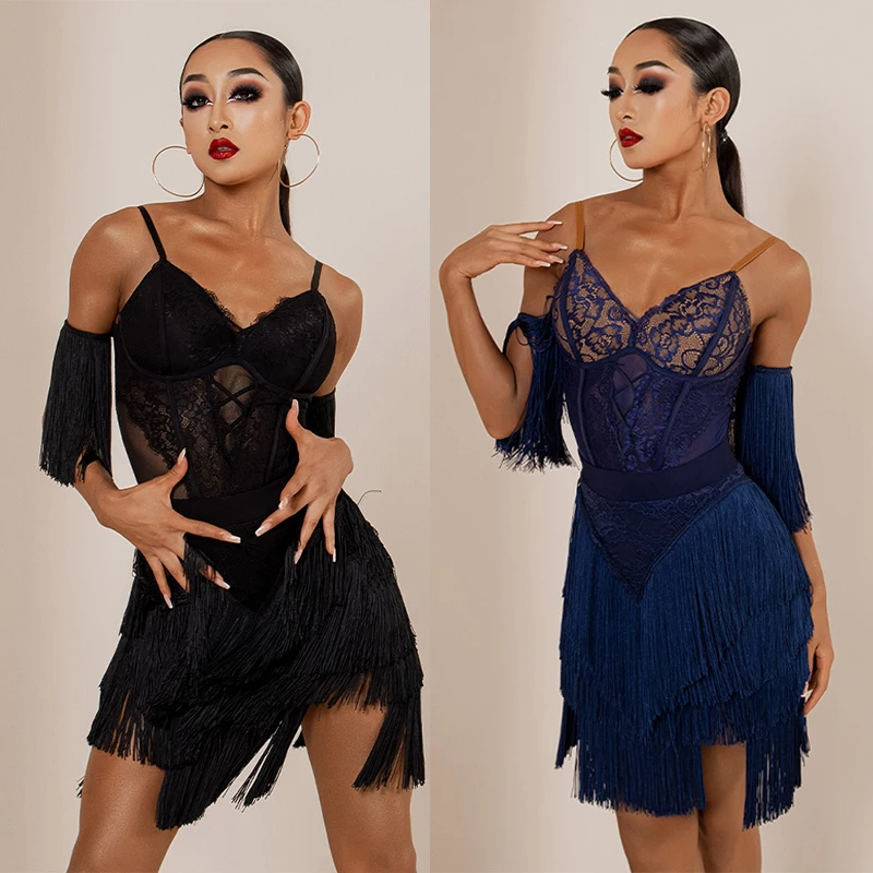 Latin Dance Clothes Women Black Tops Fringe Skirt Adult Practice Wear Cha Cha Rumba Samba Dance Dress Competition Dress BL11628