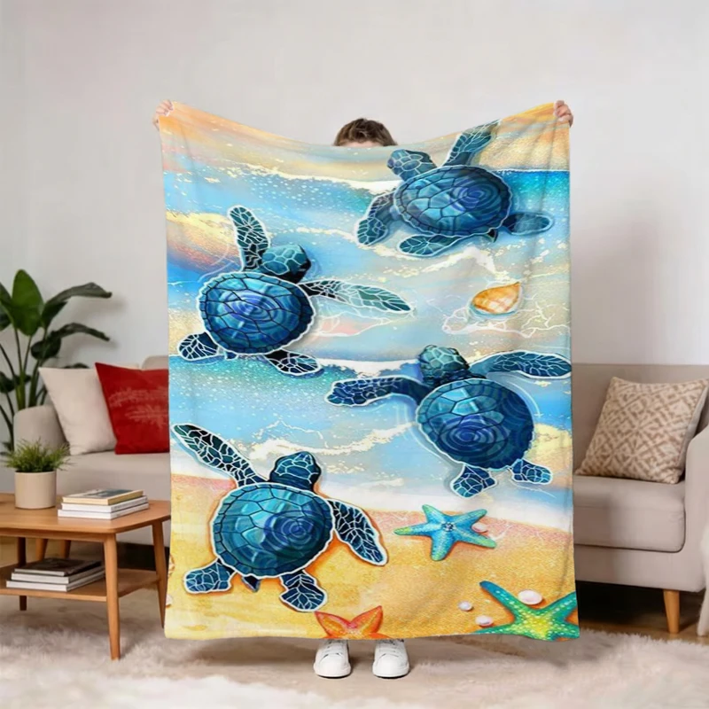 Beach Wave Multi Turtle Scene Fleece Blanket For Coastal Bedroom Decor Lightweight Plush Throw Blanket Layer