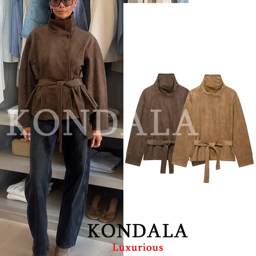 KONDALA Lässige Wildleder-Damenjacke in Schickem Khaki-Braun mit Stehkragen, Gürtel und Taschen, Damenmantel, Mode 2026 Herbst Winter Damen-Oberbekleidung