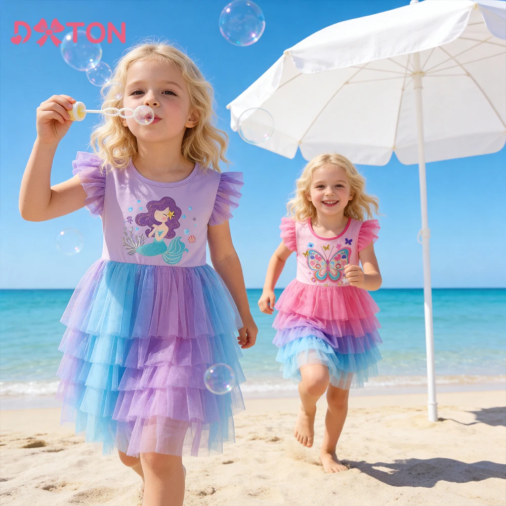 

DXTON Summer Children Dress Mermaid Sleeveless Princess Girls Dress Layered Mesh Gradient Vacation Clothes Kids Prom Party Dress