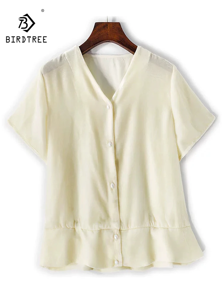 

BirdTree- Silk Elegant Velvet Shirt, Women V Neck Short Sleeve Button, French Retro Commute Loose Blouse, 2025 Autumn T58462CC