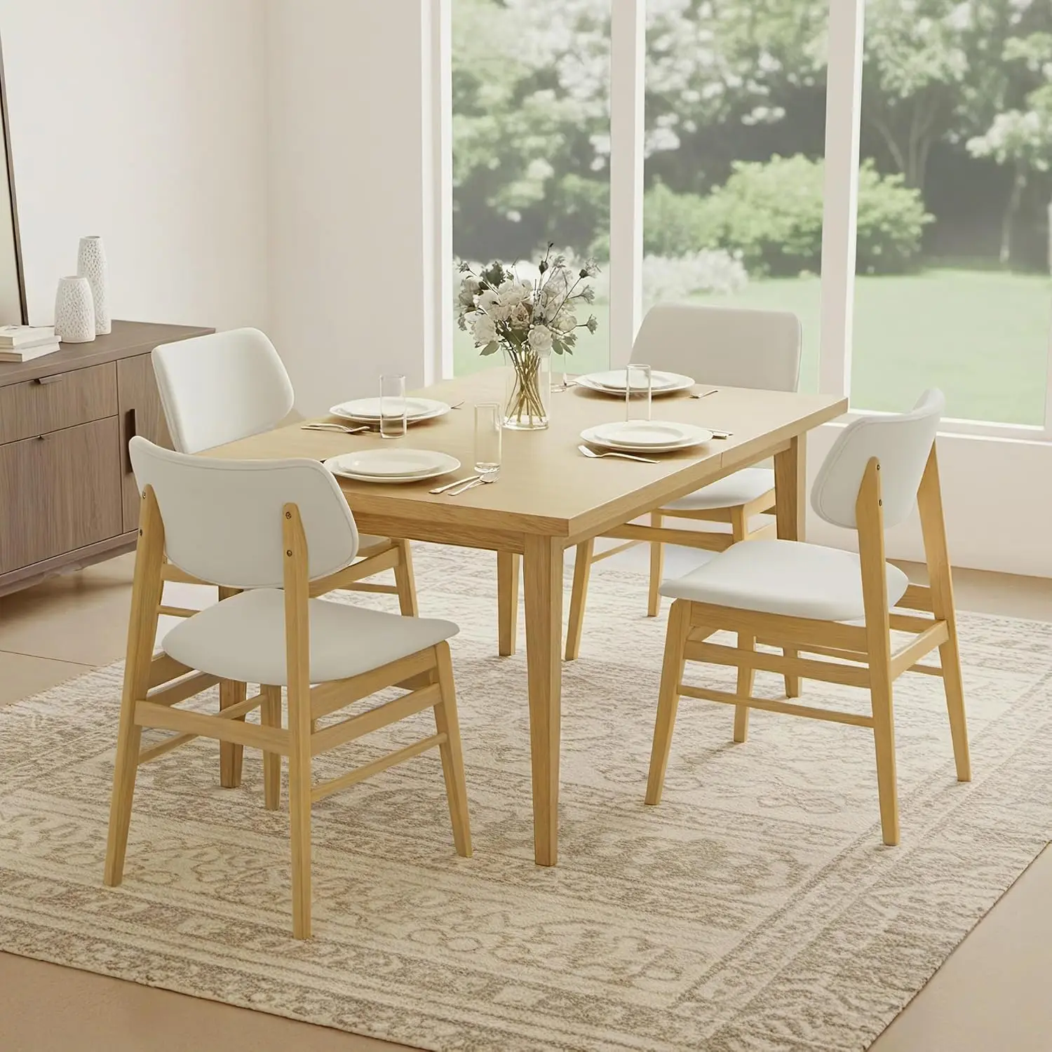 Set of 4 Modern Upholstered Dining Chairs, Solid Oak Wood with Soft Cushion Backrest for Kitchen Restaurant Cafe