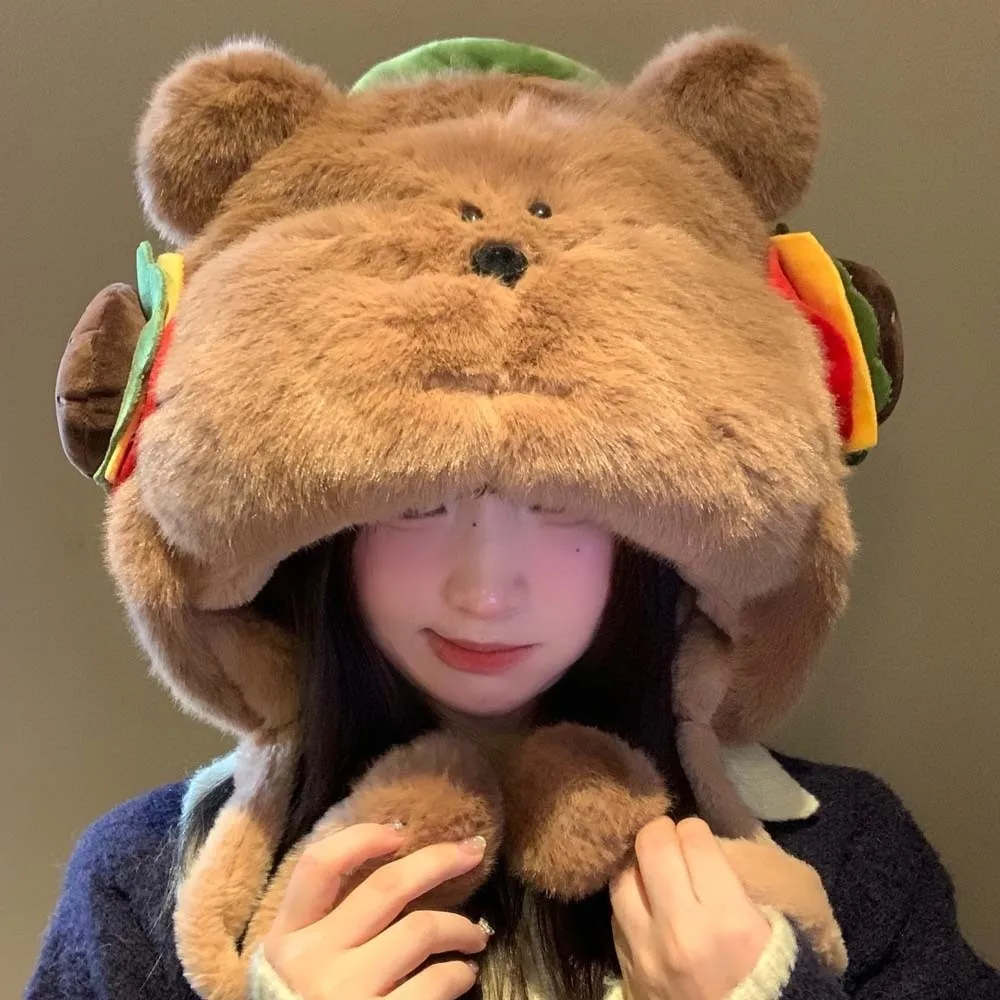 

Skiing Cartoon Hamburger Winter Plush Hat Anti-cold Windproof Bear Lei Feng Hat Soft Warmer Ear Protection Cap Shopping