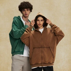 Distressed Double Zipper Oversized Hoodies Men Baggy Jacket Fashion Autumn Winter Streetwear Vintage Look