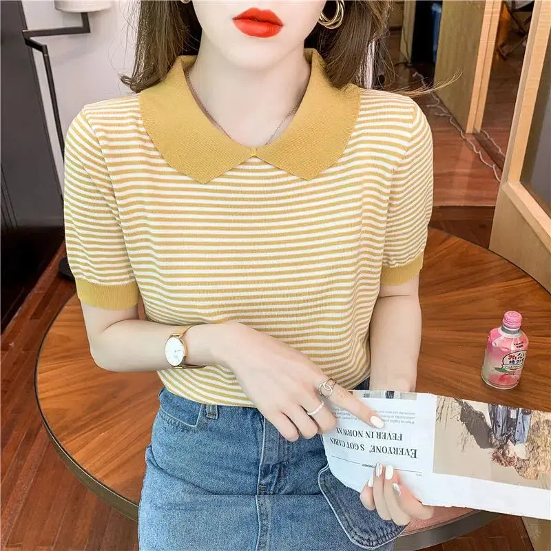 Basic Striped Patchwork Polo-Neck Shirt Loose Korean Striped Female Clothing Casual Short Sleeve Summer Stylish Knitted Blouse