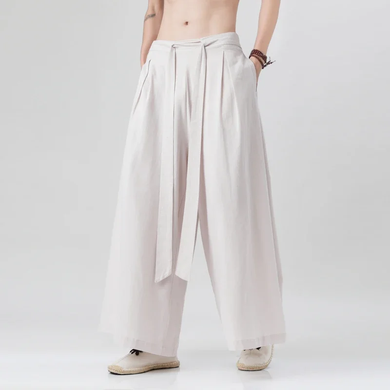 

2024 Spring Men Chinese Style Cotton Linen Harajuku Pants Men Kung Fu Kimono Trousers Male Street Wushu Wide Leg Pants Bottom