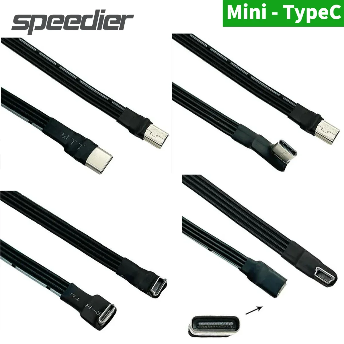 Mini USB 5pin Male UP Down Left Right Angled 90 Degree to USB C Type-C 2.0 Male Data Cable Mini USB Flat Cable 0.1m/0.2m/0.5m/1m