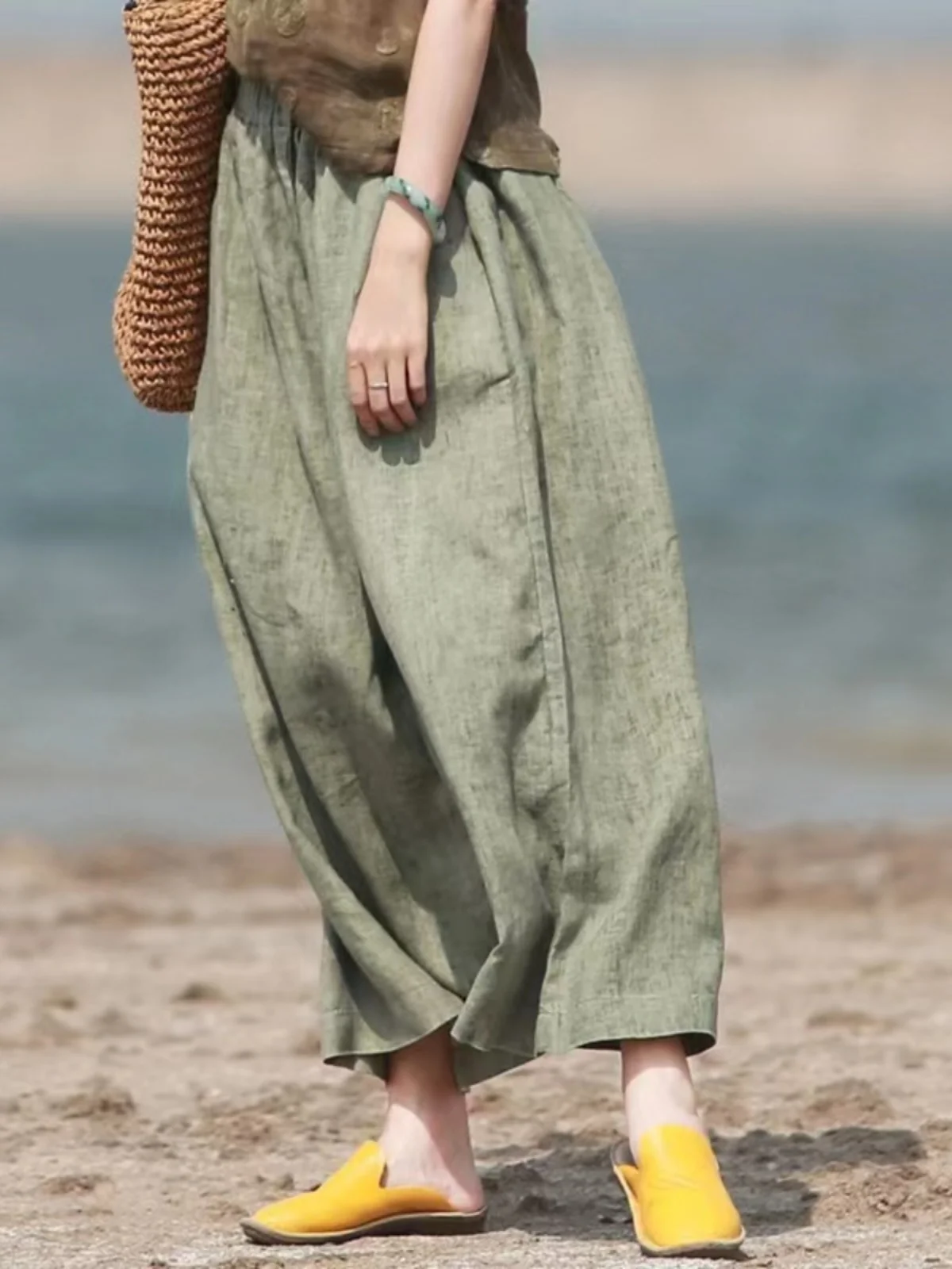 plus Size Women's Slimming Cotton Linen Wide Leg Pants High Waist Nine Point Thin Model Casual Trousers for Young Mothers