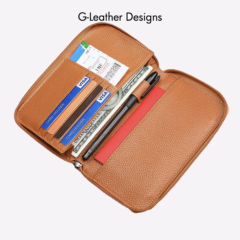 Genuine Leather Passport Cover Case Travel Wallet Boarding Pass Holder Large Capacity Travel Clutch Bag Zipper Around