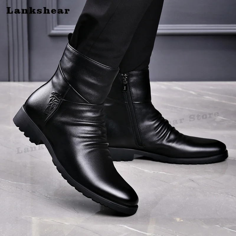 Genuine Leather Men Boots Business Winter/spring Zipper British Ankle Boot Mens Cowhide Boots Formal Boots Model Fashion Show