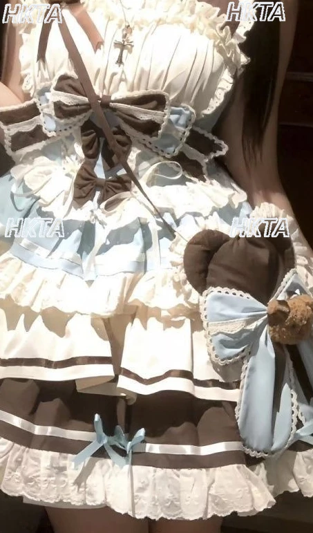 

Японское весеннее платье-сарафан JSK 2026 в стиле сладкой лолиты, с кружевом, плиссировкой, бантом и мультяшным принтом, мини-платье для женщин