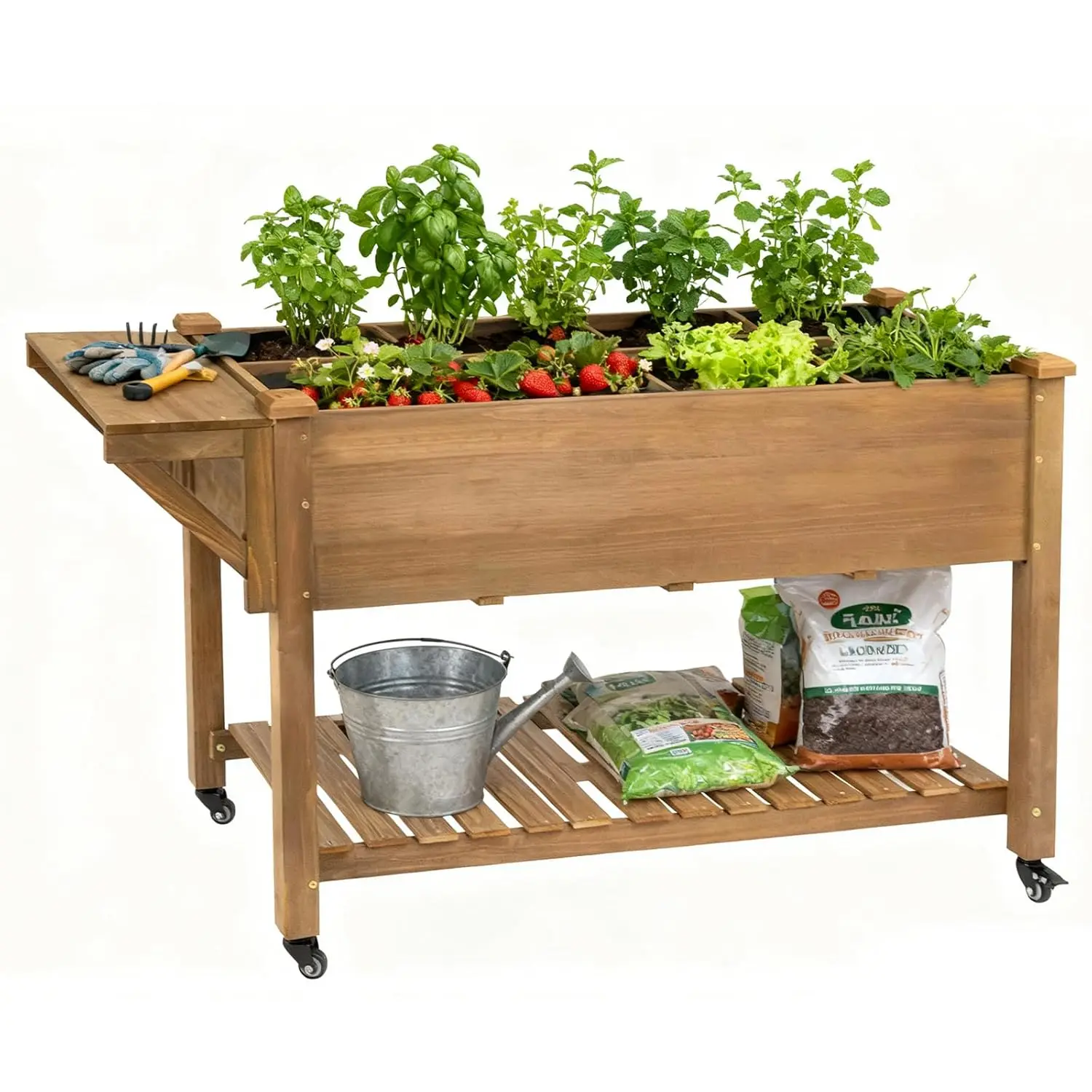 

Raised Garden Bed with Wheels, Storage Shelf, Protective Liner, Table Ledge,Outdoor Garden Bed with Legs for Vegetable, Herb, an