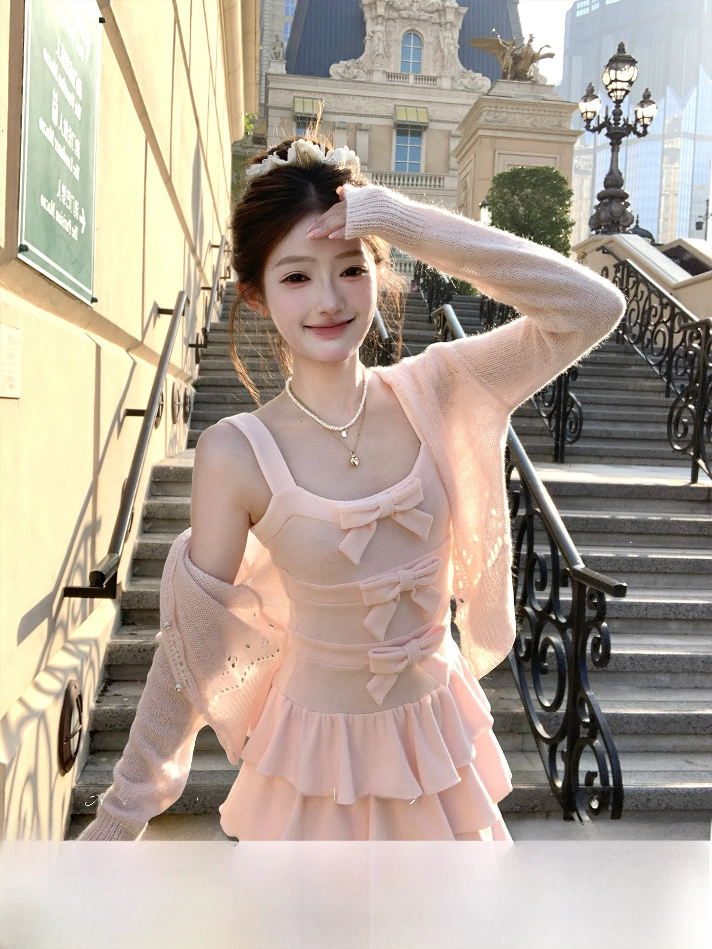 

Sweet Acaine Cherry Panna Cotta Mid-Length Strap Dress with Bow Knot Knitted Dress for Spring Season Women's Fashion Dress