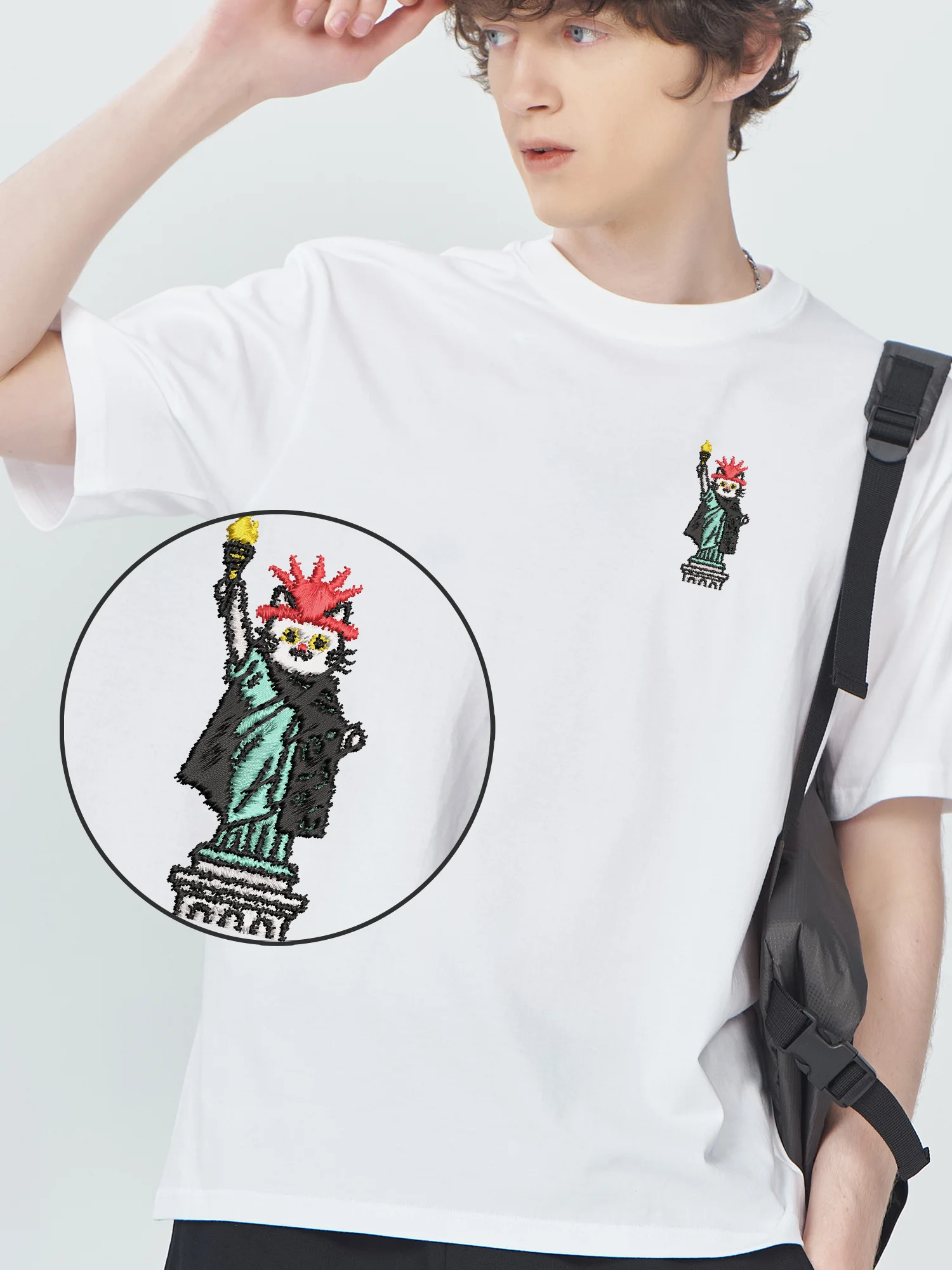 

Men's Casual Embroidered T-Shirt Statue Of Liberty Cat Luxury Clothing Funny Gifts Unisex Breathable Embroidery T Shirts